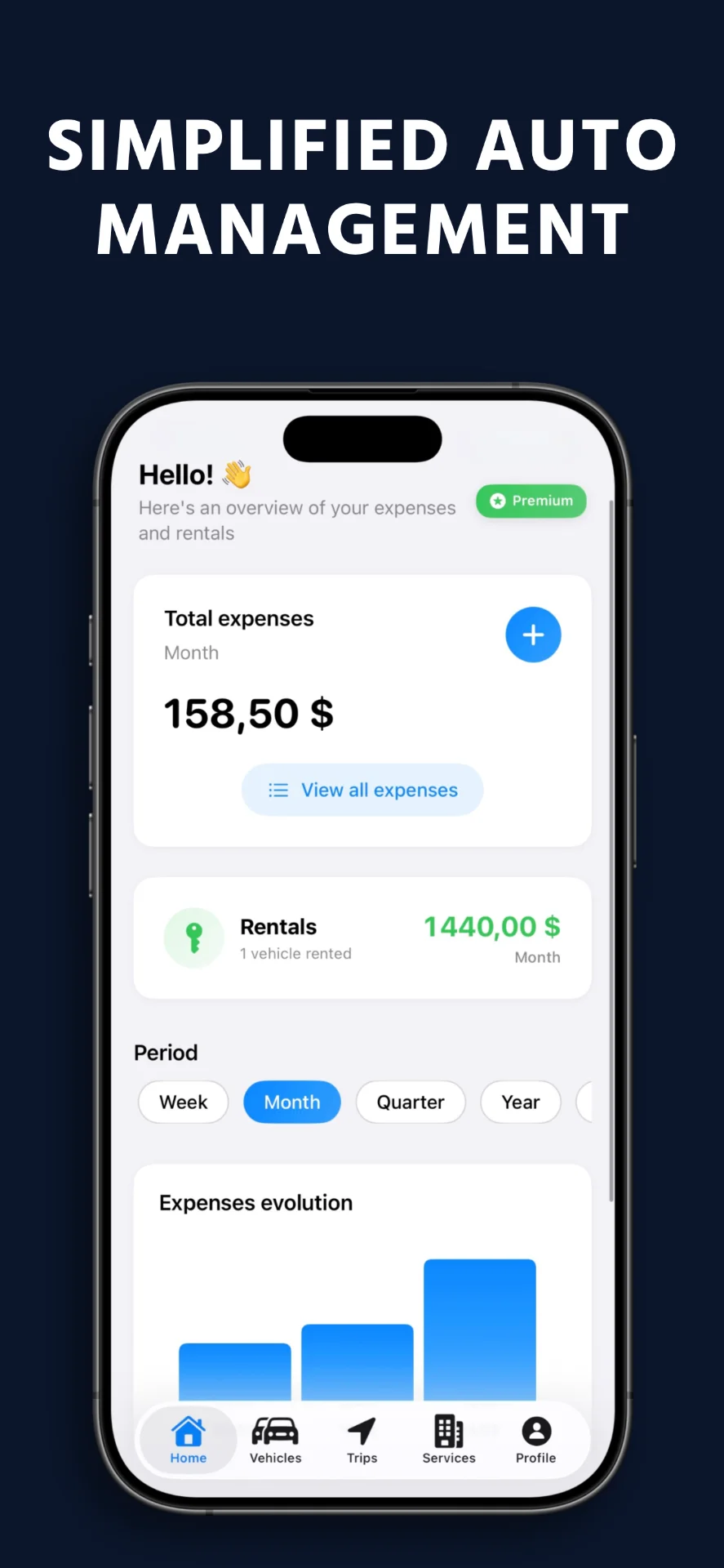 WheelTrack dashboard showing vehicle expense tracking and statistics