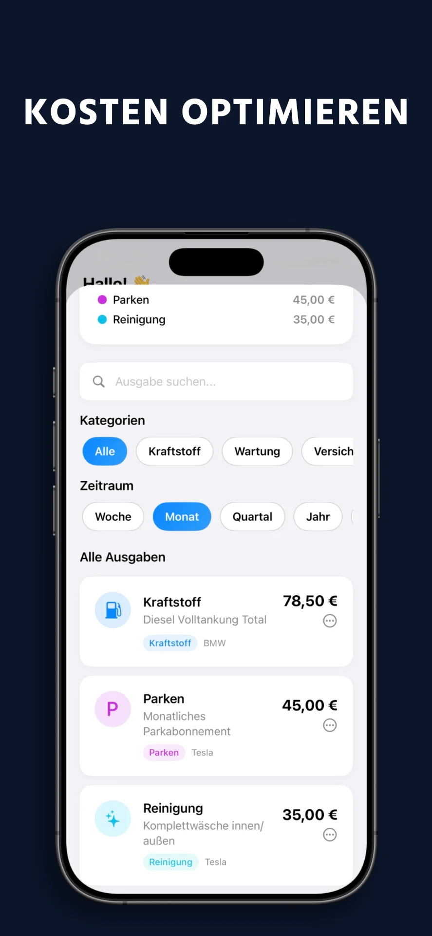 WheelTrack Ausgabendetails mit Kategorien und Filtern