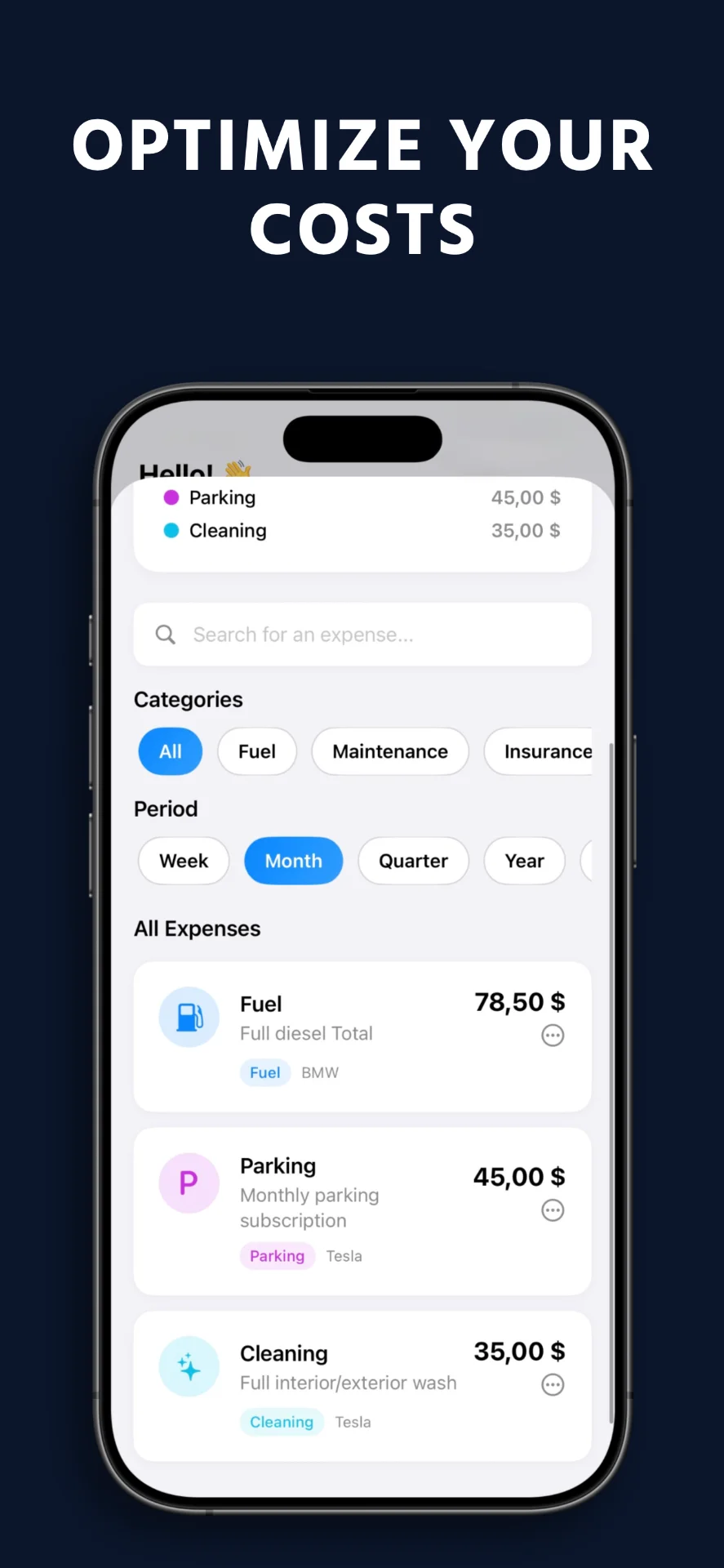 WheelTrack expense detail screen with categories and filters
