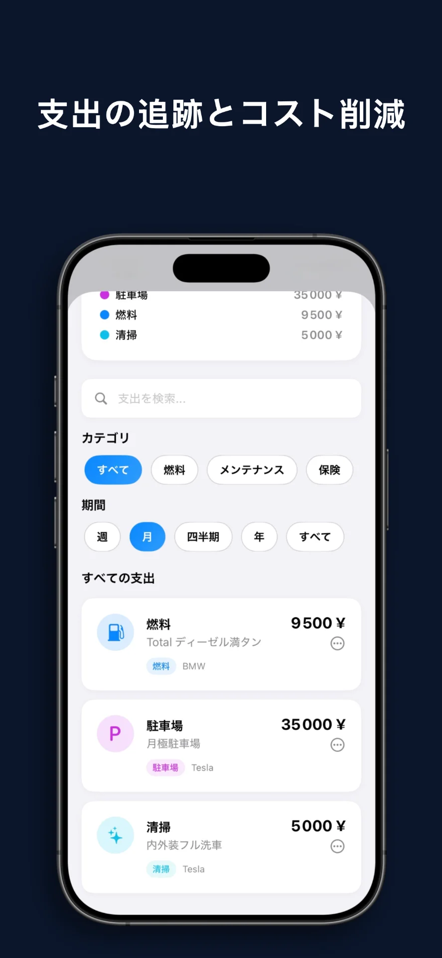 WheelTrack支出詳細画面：カテゴリとフィルター