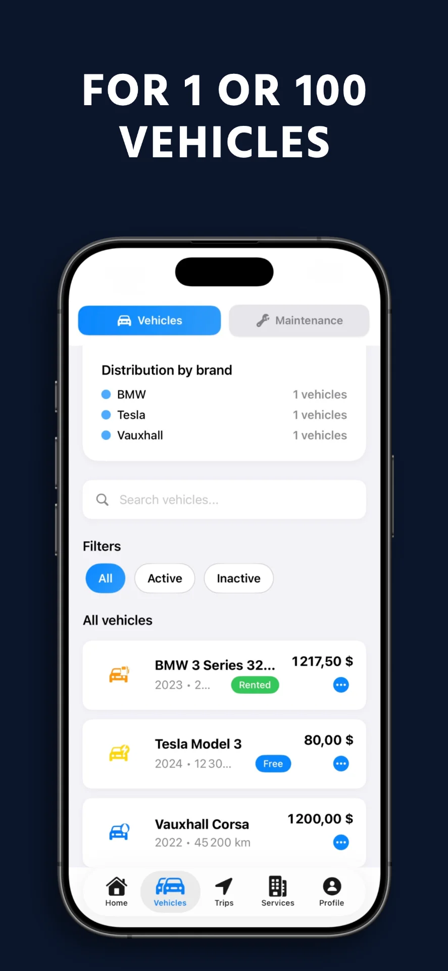 WheelTrack fleet management screen for multiple vehicles